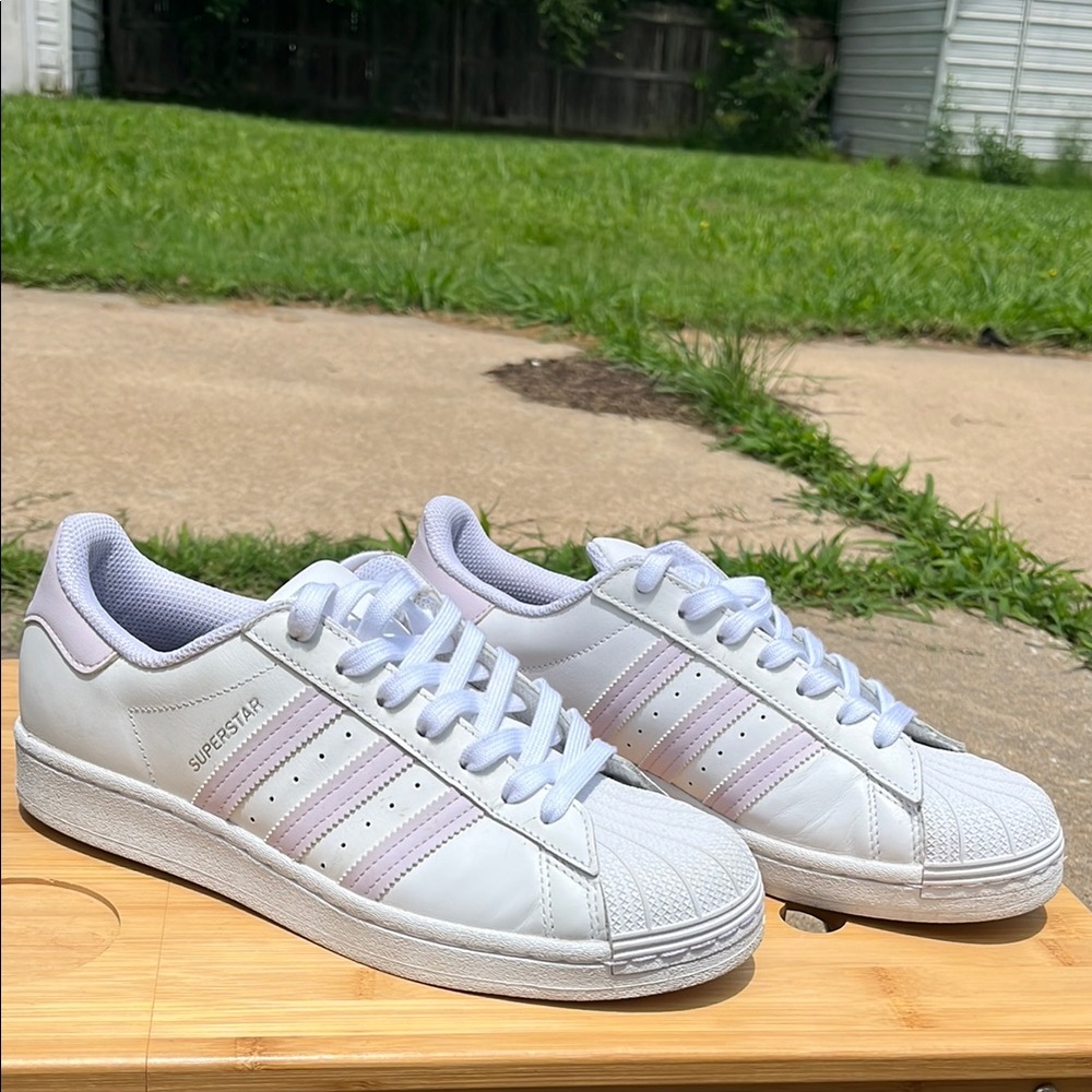 Adidas White and Lilac Superstars
